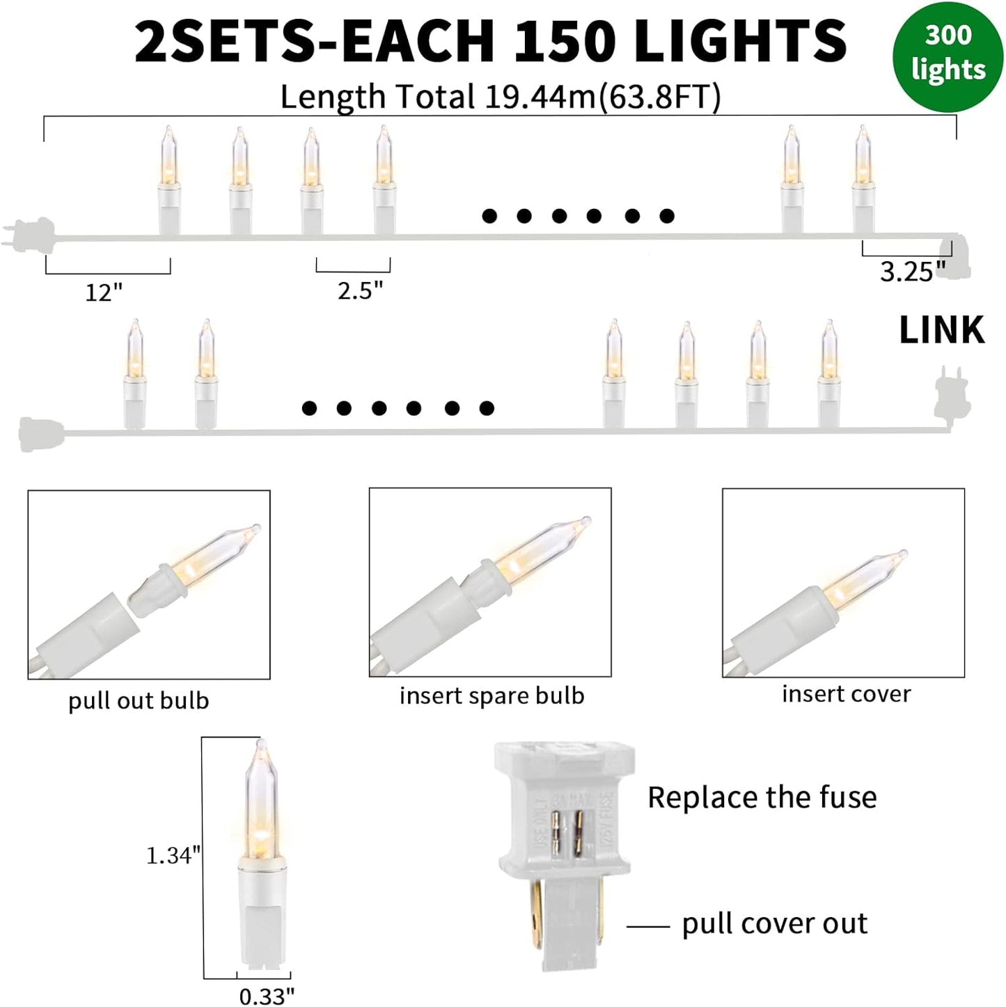 Ultra-Bright Connects End to End Warm White Christmas Mini Light 300L 63.8Ft(2Sets-Each 150L)UL Listed Incandescent Bulb String Light for Indoor Outdoor Holiday Garden Christmas Tree Decor