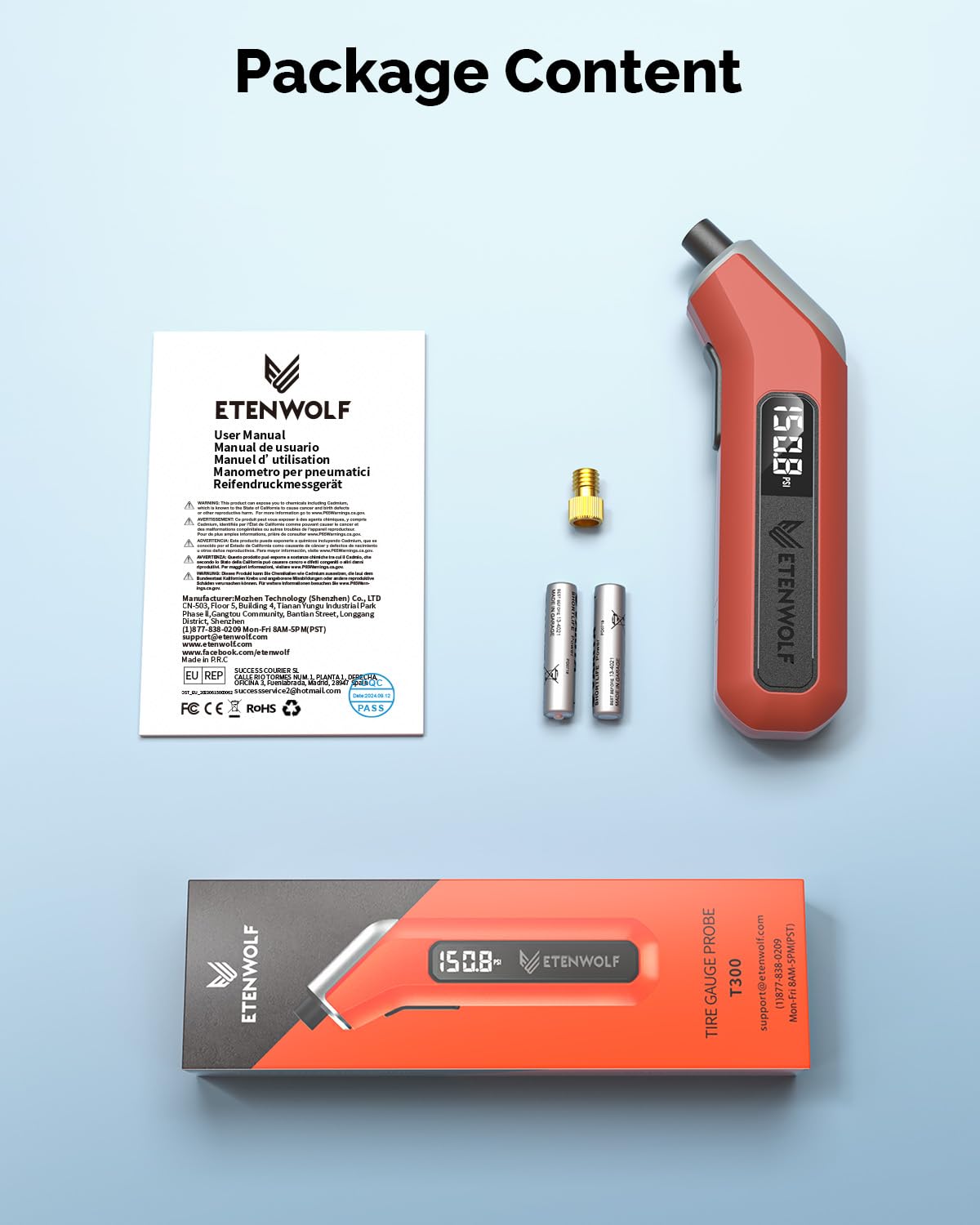 ETENWOLF T300 Plus Tire Pressure Gauge 200 PSI, Digital Tire Gauge with Bright LED Display, Tire Gauges for Tire Pressure with Presta Valve Adaptor (Vivid Orange)