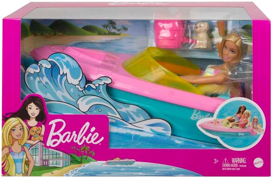 Barbie Doll & Toy Boat Playset with Pet Puppy, Life Vest & Beverage Accessories, Fits 3 Dolls & Floats in Water
