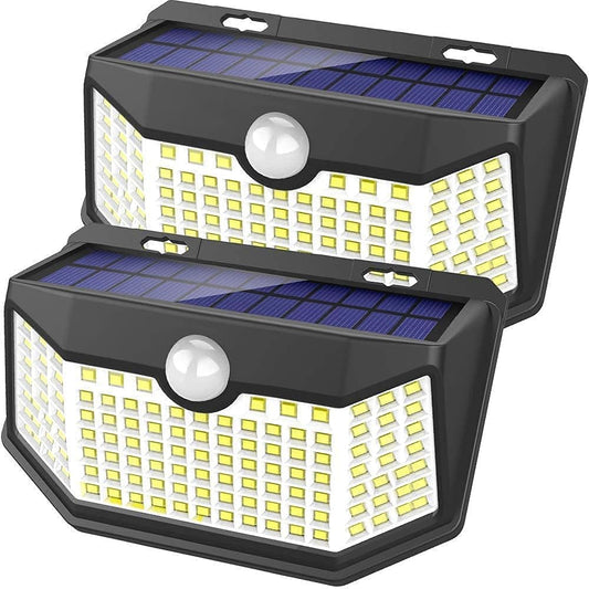 HMCITY Solar Lights Outdoor 120 LED with 3 Lighting Modes, Motion Sensor Wall Lights,IP65 Waterproof Solar Powered for Garden Patio Yard (Back Button 2Packs, Daylight White, 6500K)