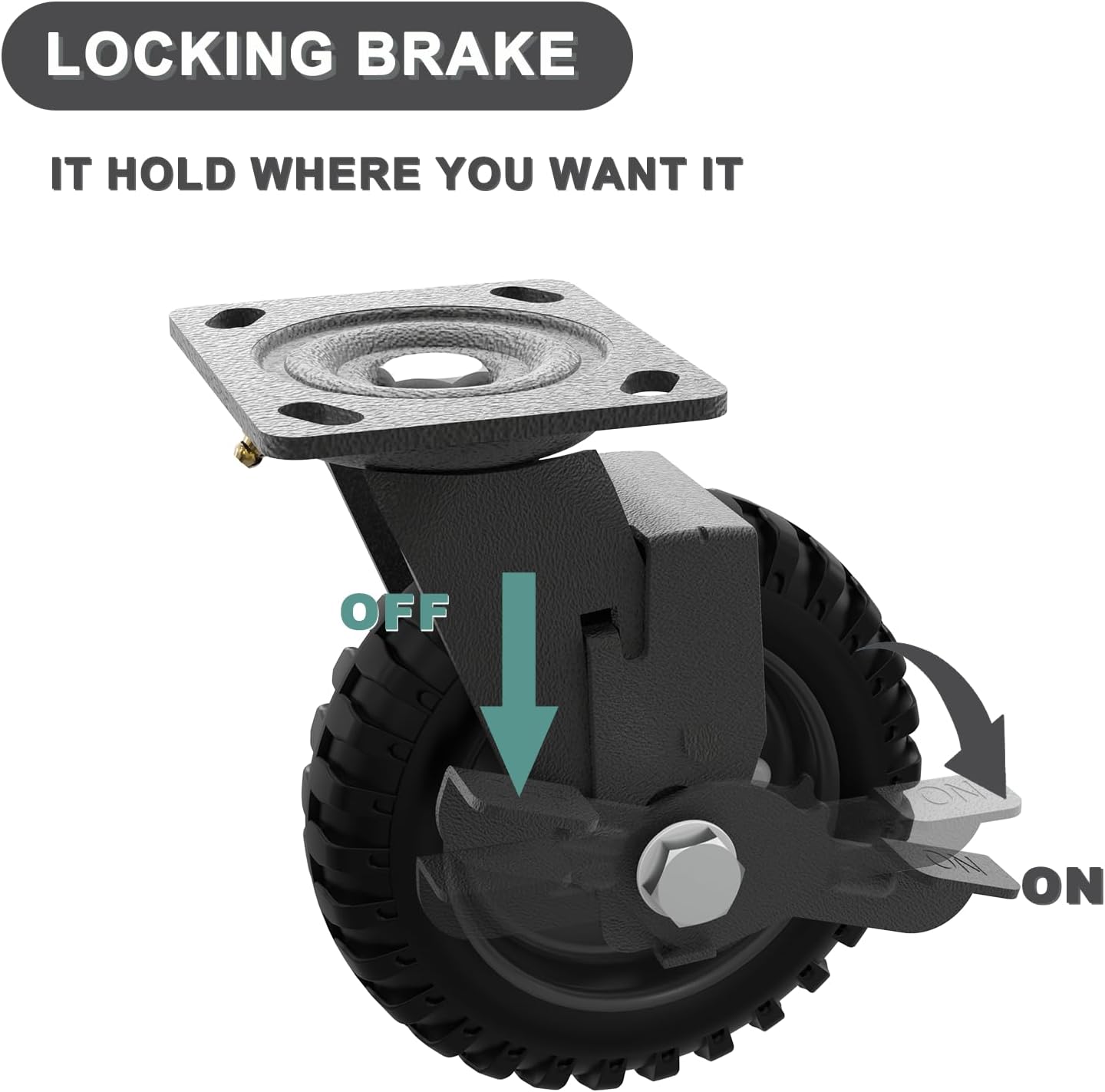 Heavy Duty Caster Wheel 8 Inch,Plate Caster Swivel 2 Pack 700lb Capacity,Solid Rubber,Cast Iron,Brake Casters for Flat Carts,Workbench,Dolly,Trolley