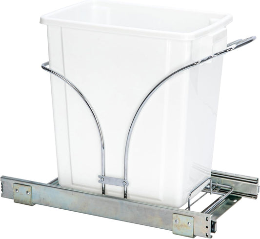 NEW - Household Essentials Glidez Chrome-Plated Steel Pull-Out/Slide-Out Discreet Single 5 Gallon Plastic Trash Can for Under Cabinet Use - Fits Standard Size Cabinet, Chrome and White - Retail $53