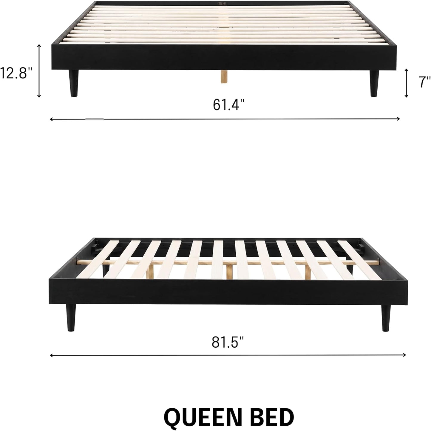 NEW - NTC QUEEN Fly Wooden Bed Frame Without Headboard, Solid Oak and Rubber Wood Foundation with Silent Slats and Wood Central Supports, 1000 Lb Capacity, Effortless Assembly, Queen - Burnt Black - Retail $200