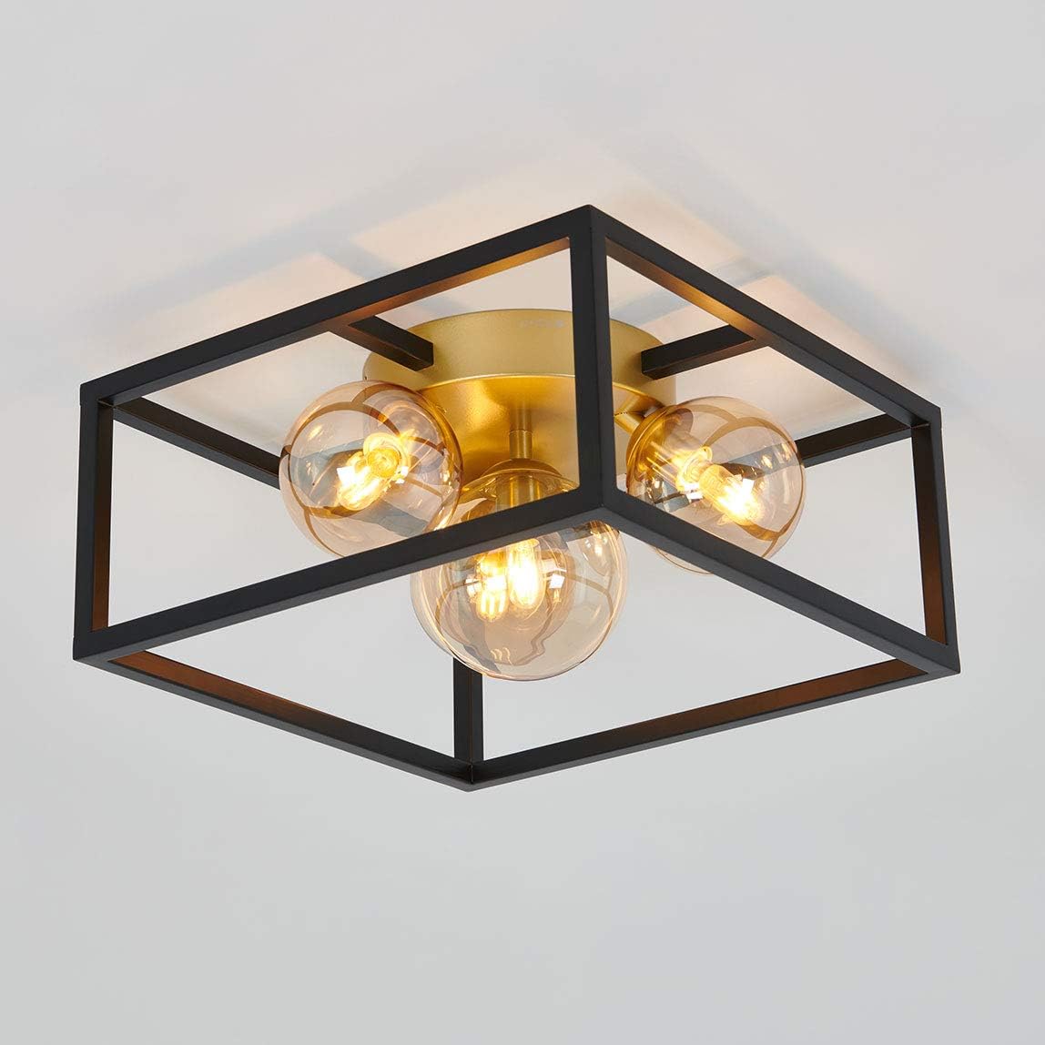 artika Griffintown Square Flush Mount with Glass Ball Shade, Black and Gold Finish Ceiling Light Fixture - Ideal for Bedroom, Hallway, Kitchen - Retail $99