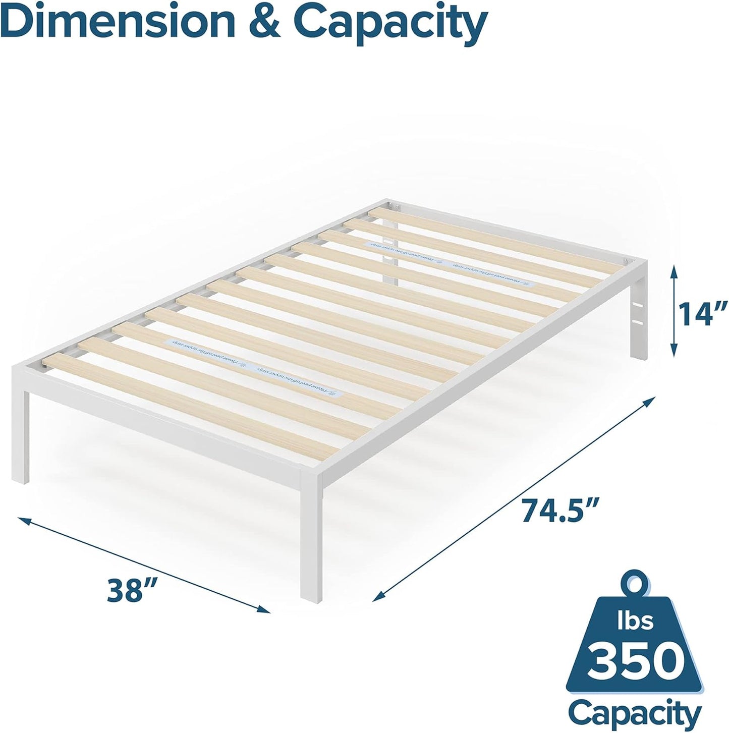 NEW - ZINUS TWIN Mia Metal Platform Bed Frame WHITE, Wood Slat Support, No Box Spring Needed, Easy Assembly, White, Twin - Retail $89