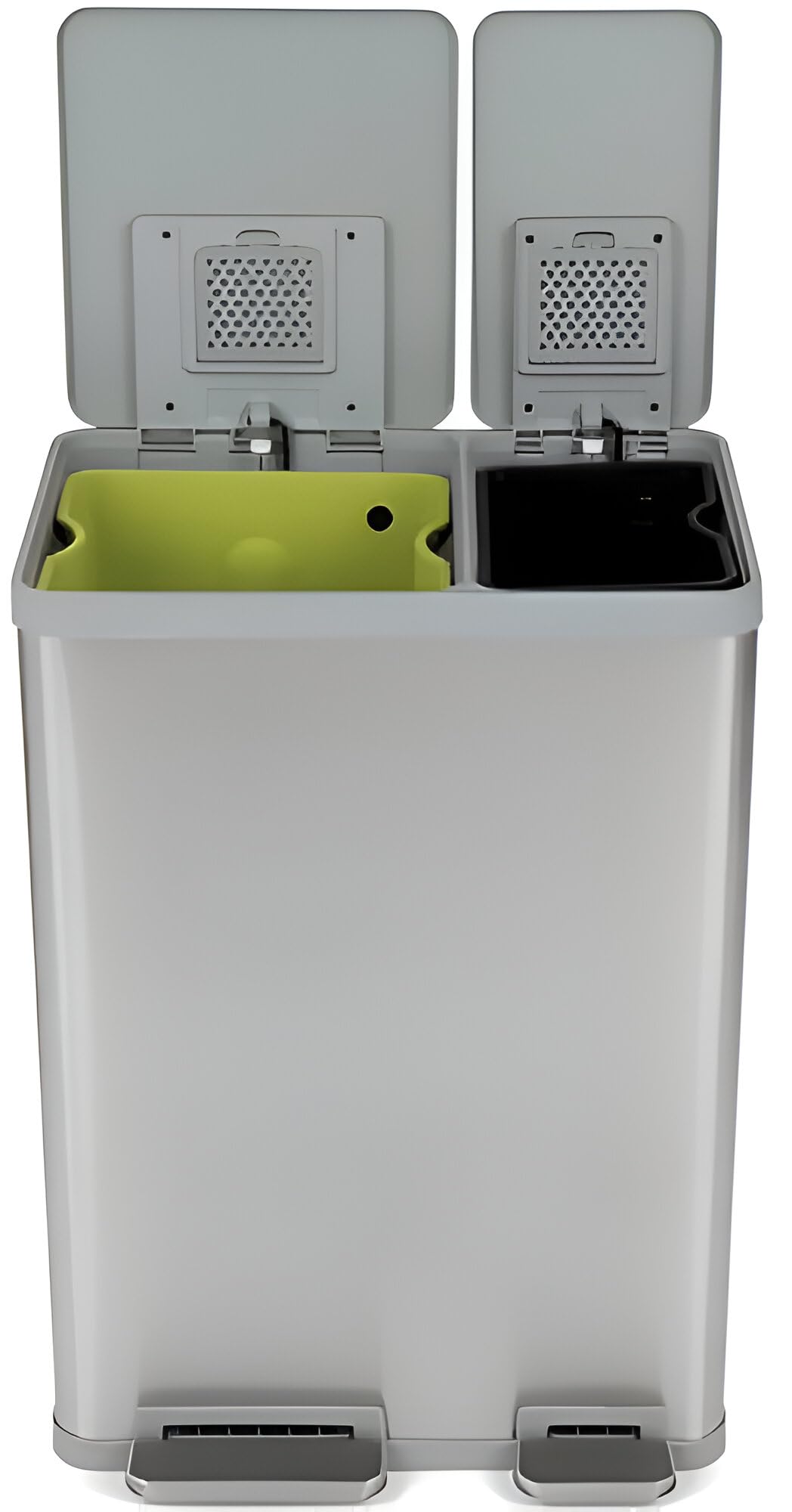 Simpli-Magic 60 Liter / 16 Gallon Rectangular Hands-Free Dual Compartment Recycling Kitchen Step Trash Can with Soft-Close Lid, Brushed Stainless Steel (38L x 22L Capacity)