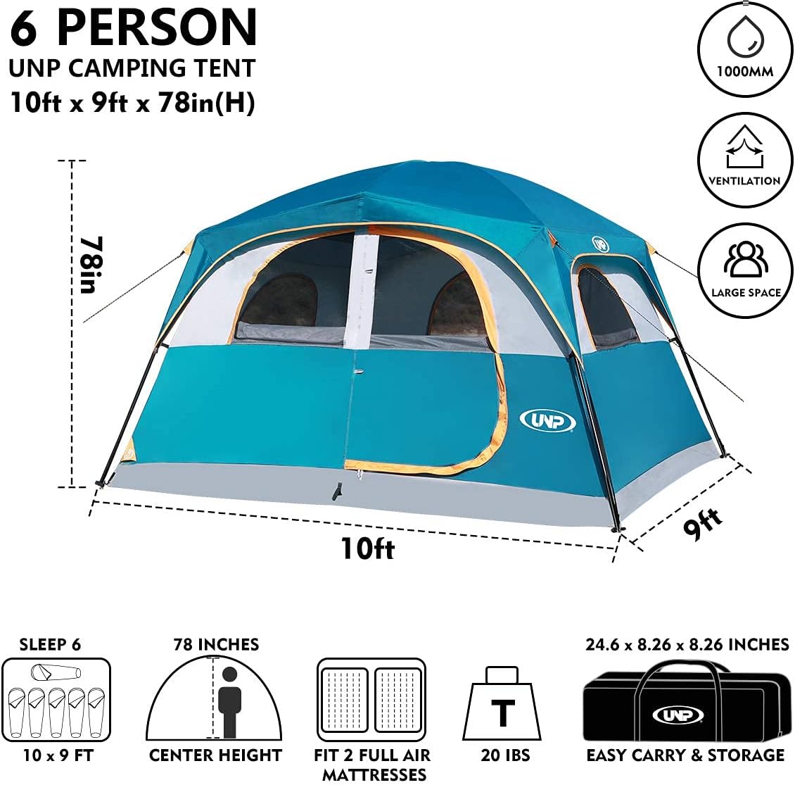 NEW - UNP Tents 6 Person Waterproof Windproof Easy Setup,Double Layer Family Camping Tent with 1 Mesh Door & 5 Large Mesh Windows -10'X9'X78in(H)