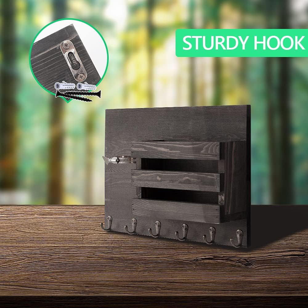 NEW - Coral Flower intage Grey Wood Wall Mounted Mail Holder with 6 Key Hooks & Mason Jar - Retail $34