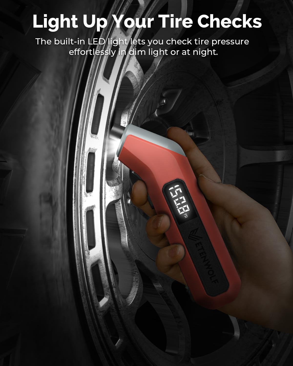 ETENWOLF T300 Plus Tire Pressure Gauge 200 PSI, Digital Tire Gauge with Bright LED Display, Tire Gauges for Tire Pressure with Presta Valve Adaptor (Vivid Orange)