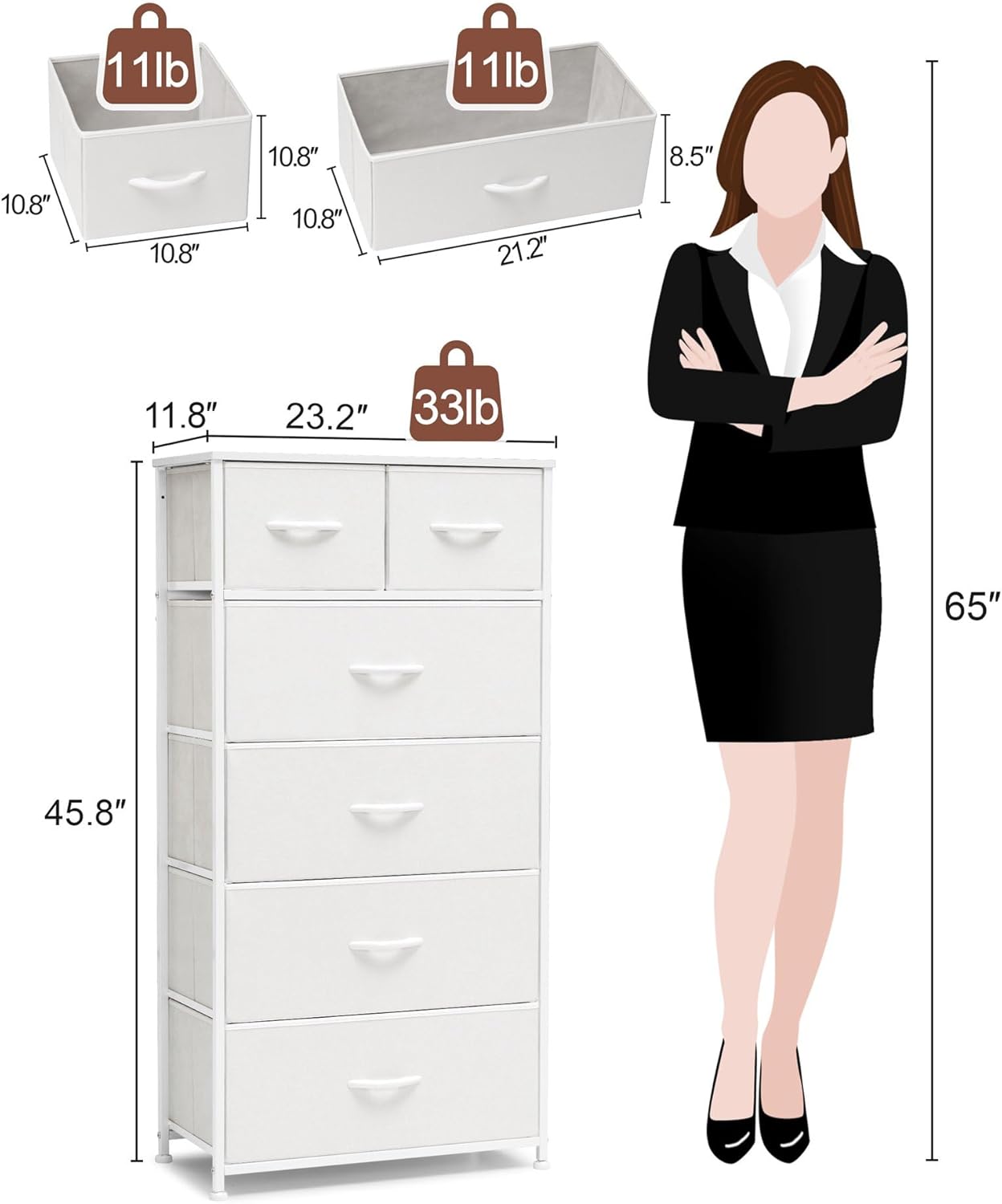 Crestlive Products Tall Dresser for Bedroom Vertical Skinny Dresser - Sturdy Steel Frame, Wood Top, Easy Pull Fabric Bins- Organizer Unit for Bedroom, Entryway, Closets - 6 Drawers (White)