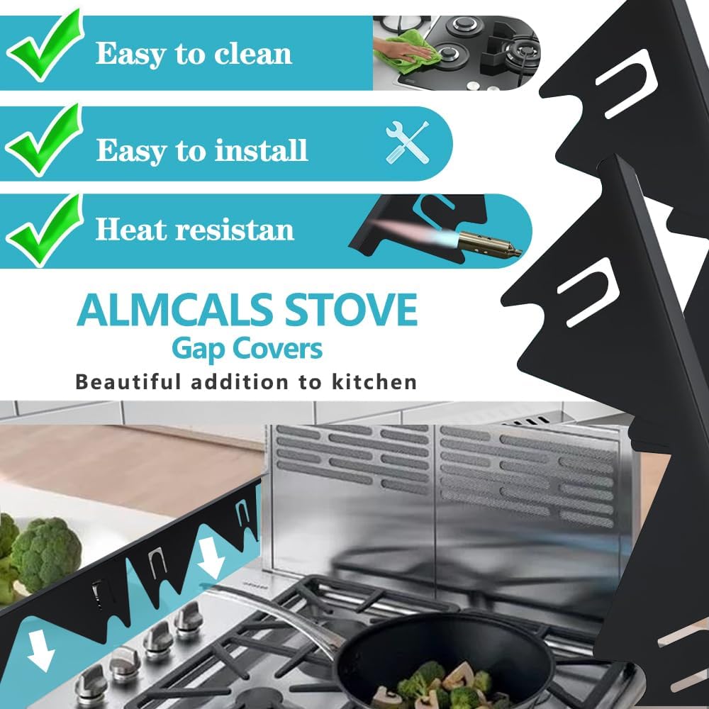 Quimoy 2Pcs Stove Gap Covers Stainless Steel,Stove Gap Filler,Stove Guard for Gas Stove,Heat Resistant Stove Counter Gap Cover,Easy to Clean Range Trim Kit,Adjustable Length 13.8" to 27.5"