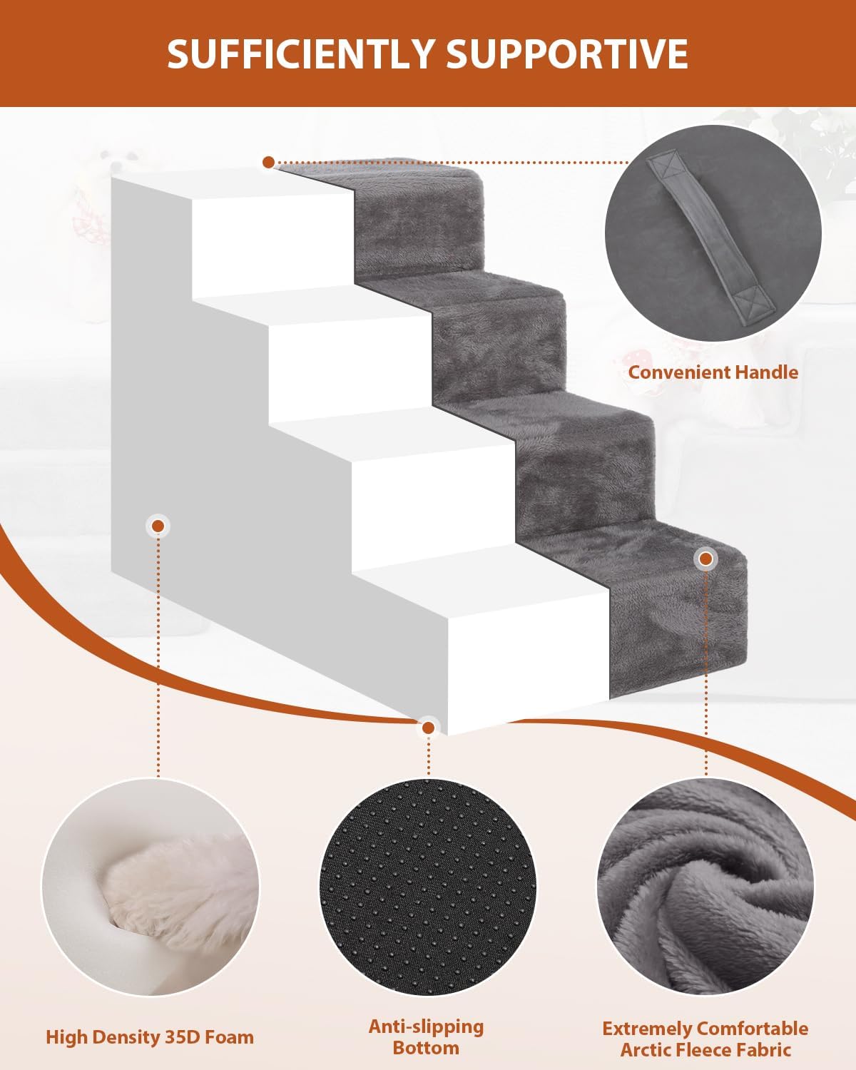 Dog Stairs for Small Dogs,17.5" H,4-Step Pet Stairs for High Beds and Couches，Dog Steps with Non-Slip Bottom and High-Density Foam Indoor Outdoor,Dark Grey