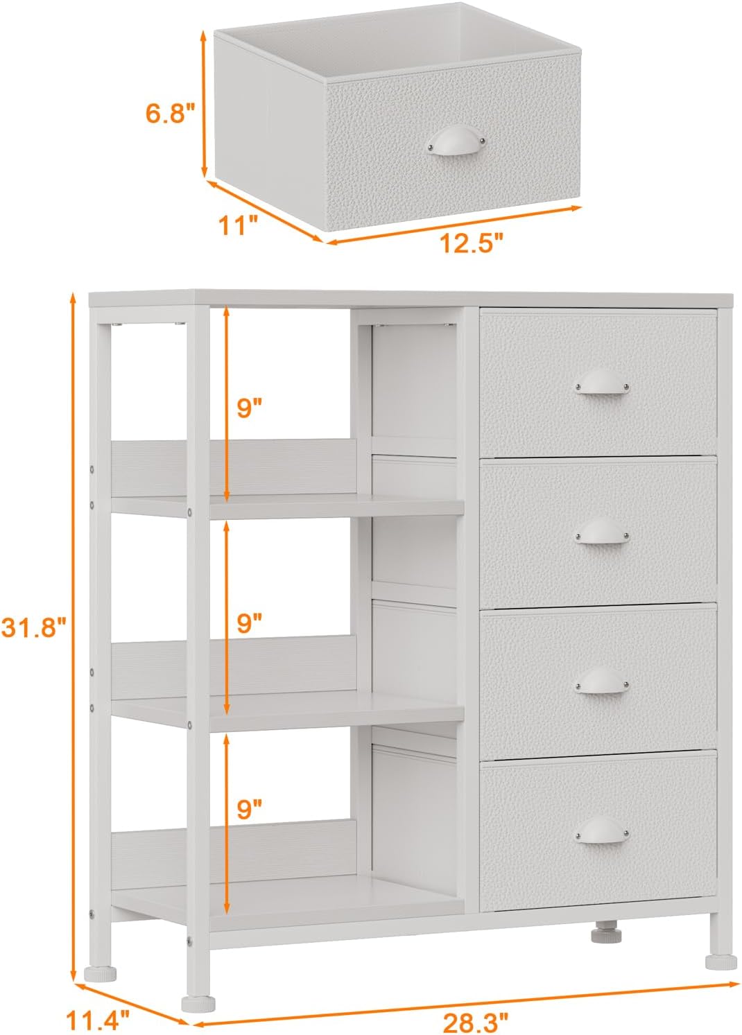 NEW - Furologee 4 Drawers Dresser for Bedroom, Small White Dresser with Shelf, Nightstand Side Table for Entryway, Living Room, Lightweight Fabric Storage Drawer Organizer Unit, Wood Top, Metal Frame - Retail $99
