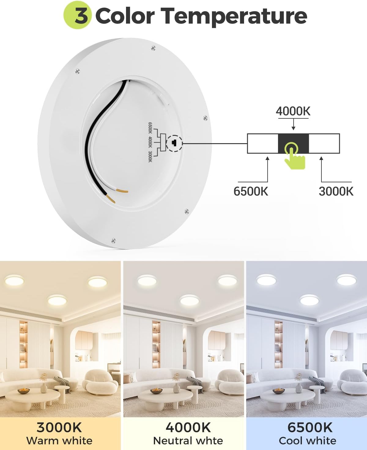 hepside 1Pack Dimmable Flush Mount Ceiling Light Fixture White, 3CCT Selectable 3000/4000/6500K Ceiling Lamp, 7.5INCH 15W 1500LM Low Profile Light for Bedroom, Kitchen, Bathroom, Hallway