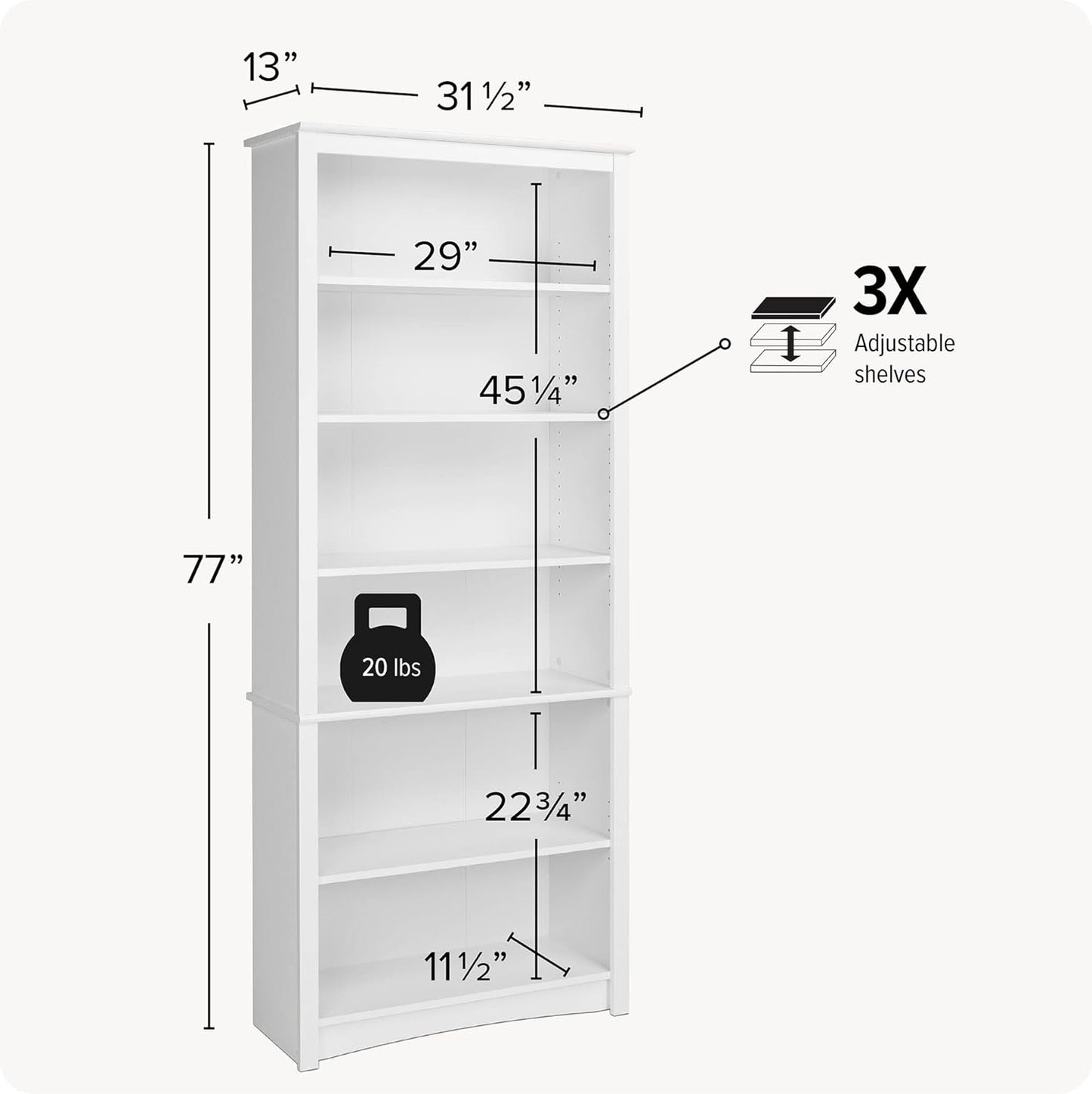 NEW - Prepac Sonoma Tall 6-Tier Bookcase 77inH with 3 Adjustable Shelves, White Storage Cabinet, Modern Display Cabinet, Bookshelf with Storage Shelves for Home Office, Living Room, Bedroom Organizer - Retail $199