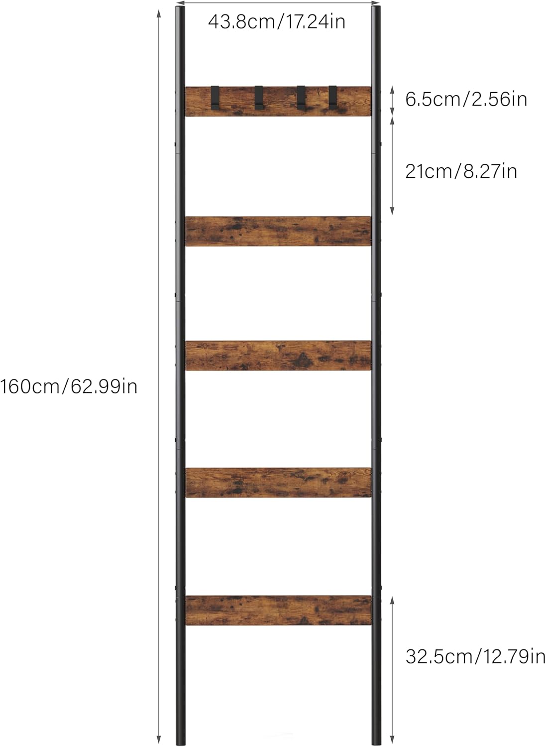 Blanket Ladder, 5-Tier Towel Holder with 4 Removable Hooks, Farmhouse Wall Leaning Decorative Rack Shelf, Wooden Towel Display Rack, Quilt Ladder for Living Room, Bedroom, Rustic Brown