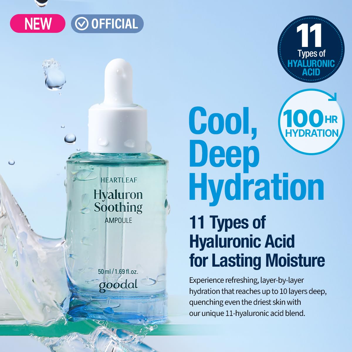 GOODAL Heartleaf Hyaluron Soothing Ampoule, Hydration Facial Serum for Glowy Skin, Lightweight Serum, Korean Skincare, K Beauty Ampoule - 50ml,1.69 Fl oz