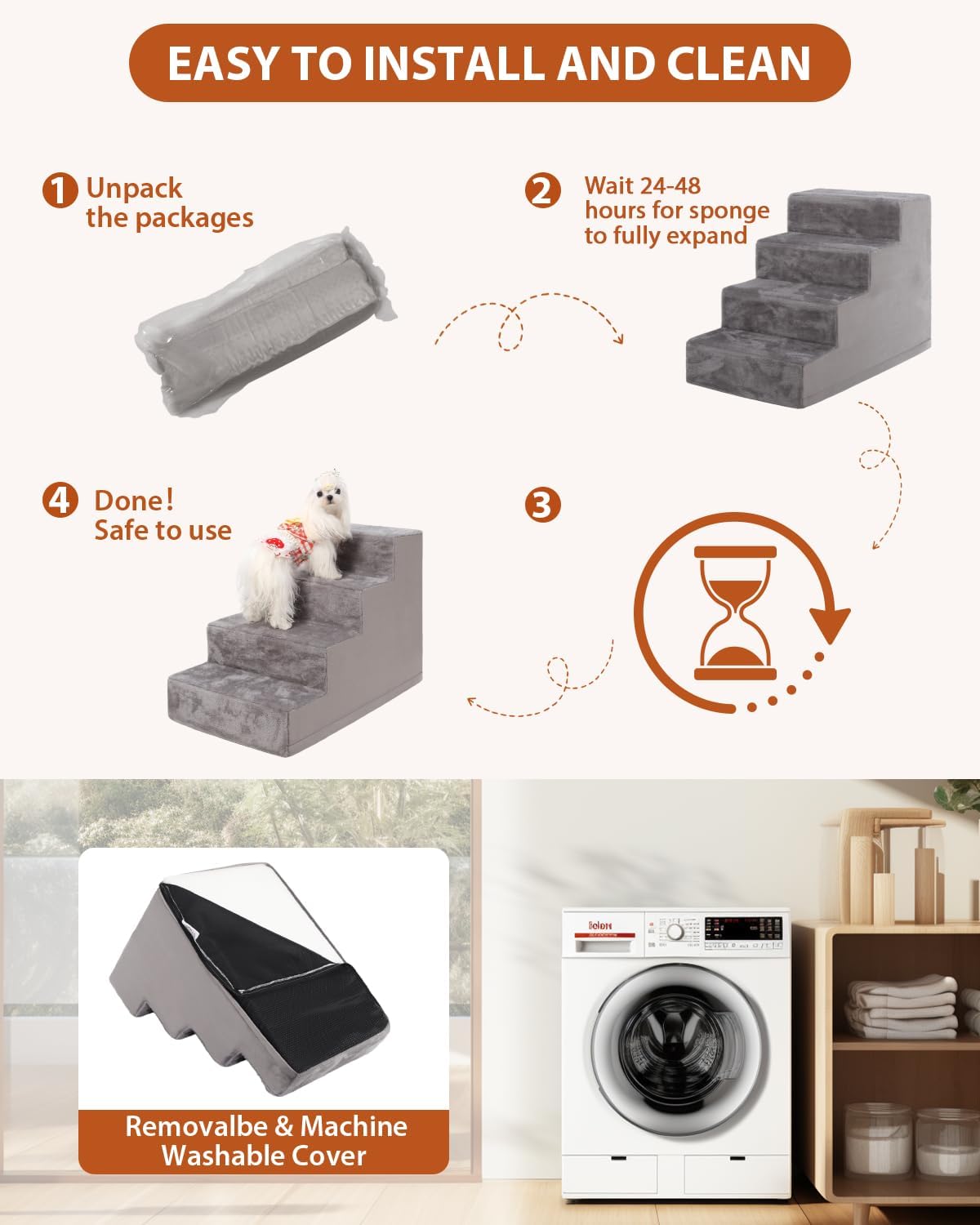 Dog Stairs for Small Dogs,17.5" H,4-Step Pet Stairs for High Beds and Couches，Dog Steps with Non-Slip Bottom and High-Density Foam Indoor Outdoor,Dark Grey