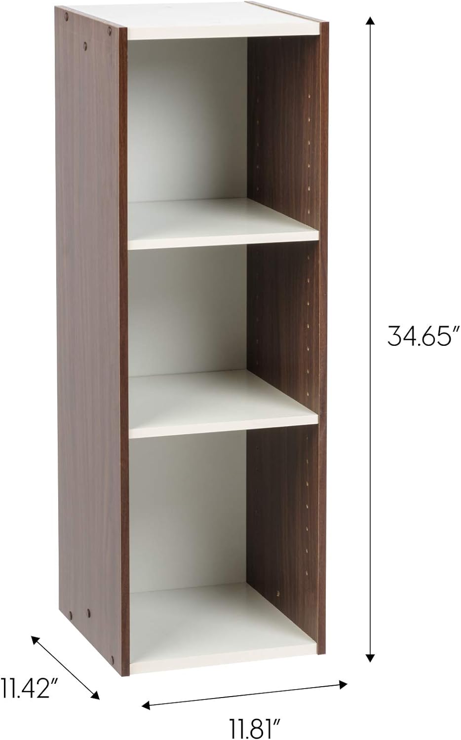 NEW - IRIS USA 3-Tier 12" Wide Cubby Storage Bookshelf with Adjustable Shelves, Sturdy Versatile Easy Assembly Stackable Storage Shelf for Saving Space, Walnut Brown/White - Retail $28