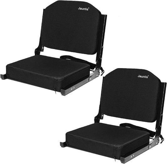 NEW - Jauntis Stadium Seats for Bleachers, Bleacher Seats with Ultra Padded Comfy Foam Backs and Cushion, Wide Portable Stadium Chairs with Back Support and Shoulder Strap, 2 Pack, Black - Retail $95