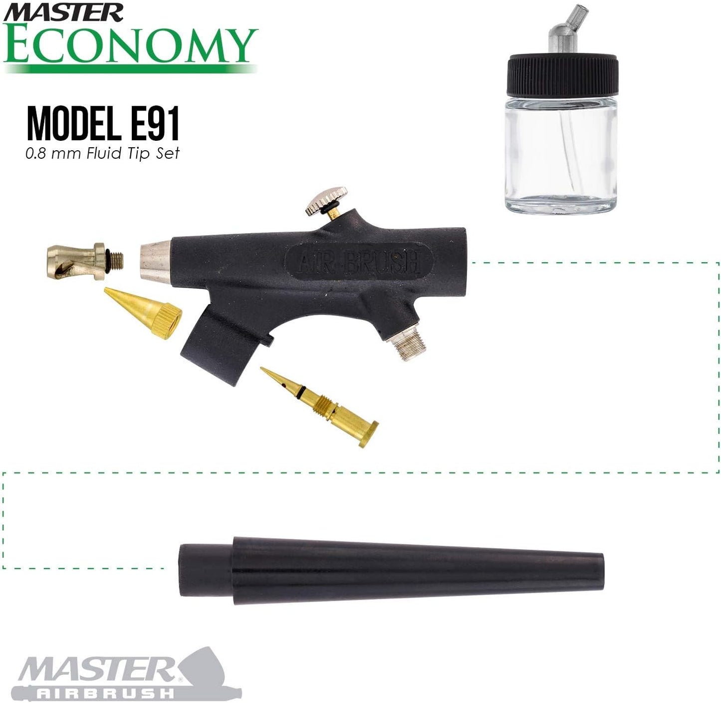 Master Airbrush Model E91 Airbrush Set Master Single-Action External Mix Siphon Feed Airbrush Set with 0.8mm Tip and 1/8" air inlet
