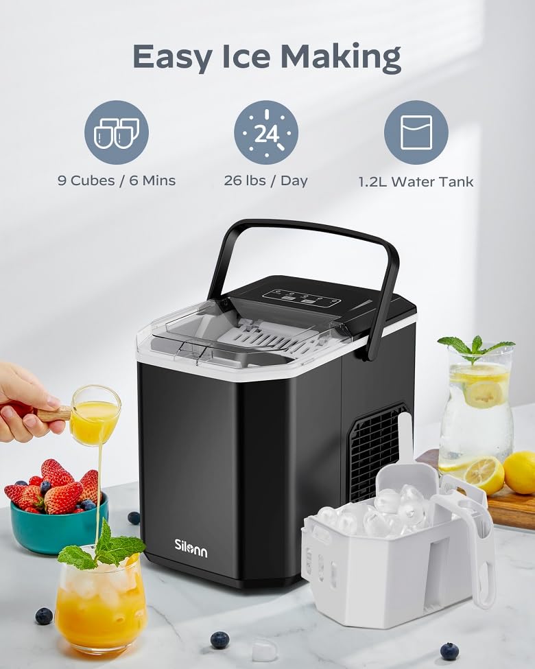 Silonn Ice Maker Countertop, Portable Ice Machine with Carry Handle, Self-Cleaning Ice Makers with Basket and Scoop, 9 Cubes in 6 Mins, 26 lbs per Day, Ideal for Home, Kitchen, Camping, RV - Retail $102