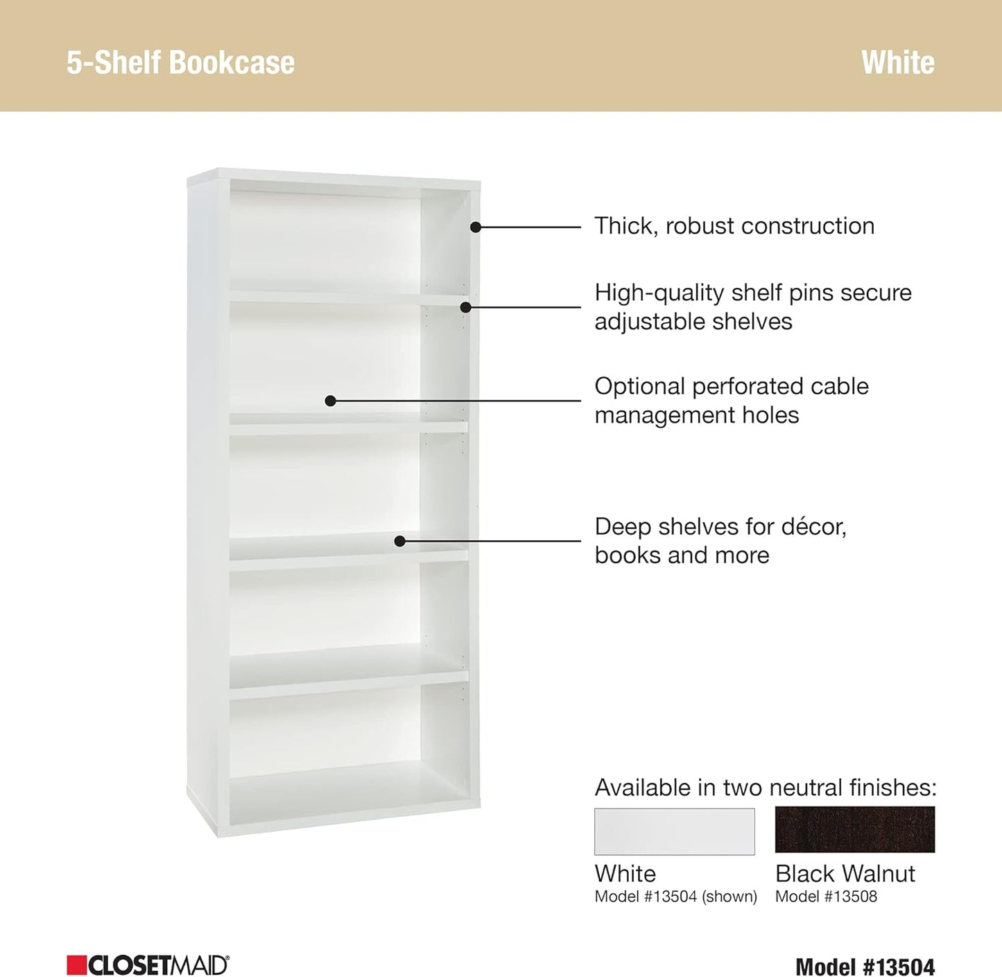 NEW - ClosetMaid Bookshelf with 5 Shelf Tiers, Adjustable Shelves, Tall Bookcase Sturdy Wood with Closed Back Panel, White Finish - Retail $181