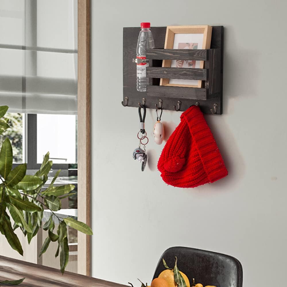 NEW - Coral Flower intage Grey Wood Wall Mounted Mail Holder with 6 Key Hooks & Mason Jar - Retail $34