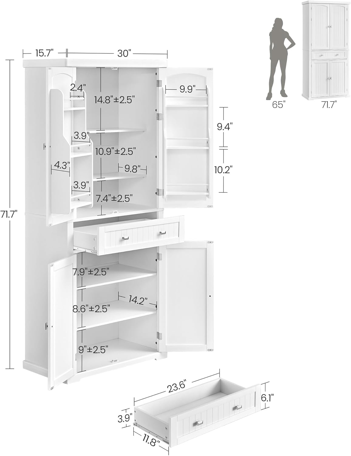 VASAGLE Pantry Cabinet, 71.7-Inch High Freestanding Tall Cupboard Storage Cabinet with a Drawer, 2 Cabinets, 4 Adjustable Shelves, 6 Door Shelves, for Living Room, Kitchen, White UBBC561P31V2 - Retail $229