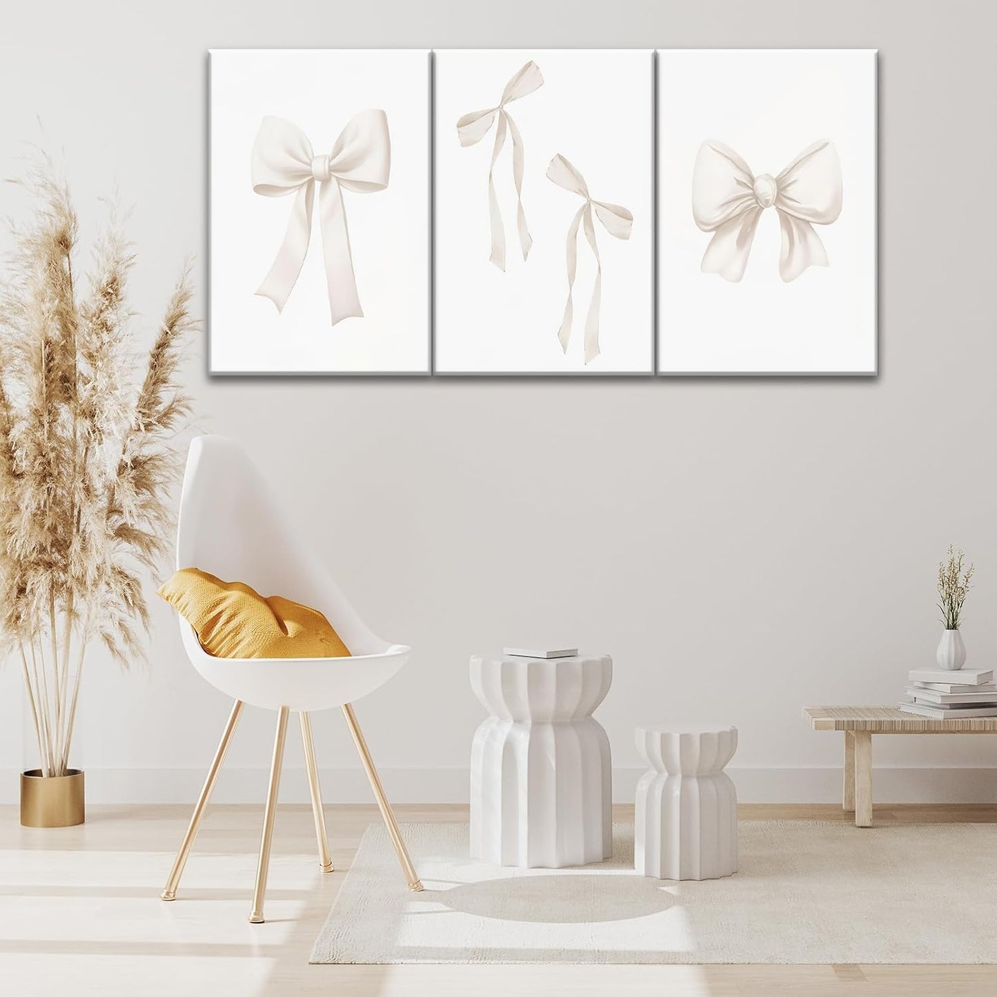 Djmwtb Preppy Bow Canvas Wall Art Beige Coquette Poster Prints Set of 3 Girly Apartment Aesthetic Pictures College Dorm Painting Decor for Girls Bedroom 16x24in Framed