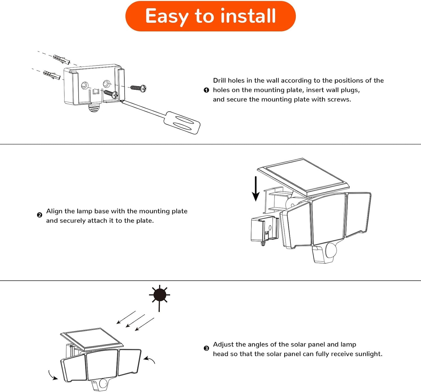 JJC Solar Motion Lights Outdoor Waterproof - 2500LM 3 Heads 270° Wide Angle Flood Lights with Motion Sensor, IP65 Waterproof Security Lighting, 3 Modes for Yard/Garage