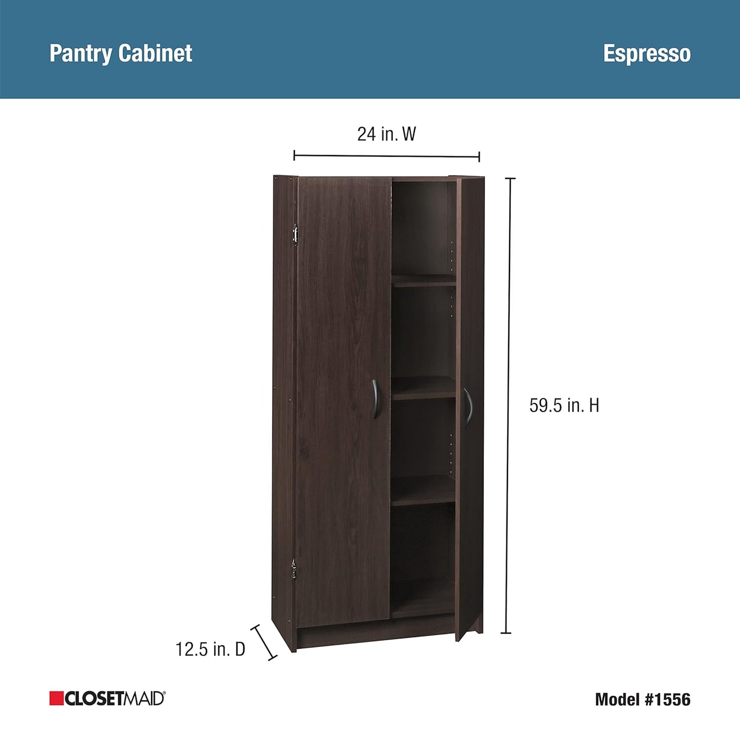ClosetMaid Pantry Cabinet Cupboard with 2 Doors, Adjustable Shelves Standing, Storage for Kitchen, Laundry, or Utility Room, Espresso - Retail $165