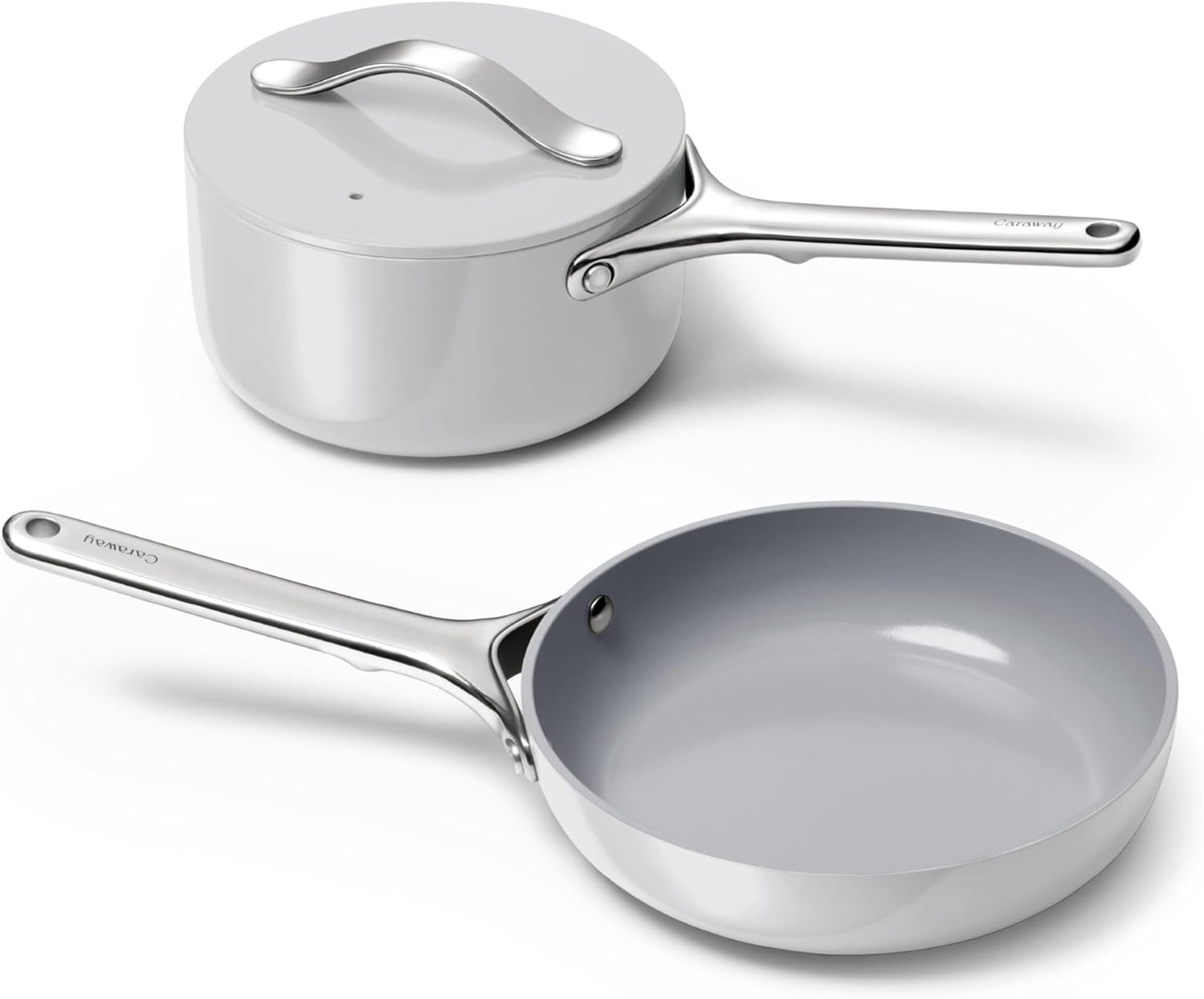 NEW - Caraway Mini Cookware Set - Non-Stick Ceramic Fry Pan (1.05 qt, 8") Sauce Pan (1.75 qt) & Storage Rack - Non Toxic, PTFE & PFOA Free - Oven Safe & Stovetop Agnostic (Gas, Electric & Induction) - Gray