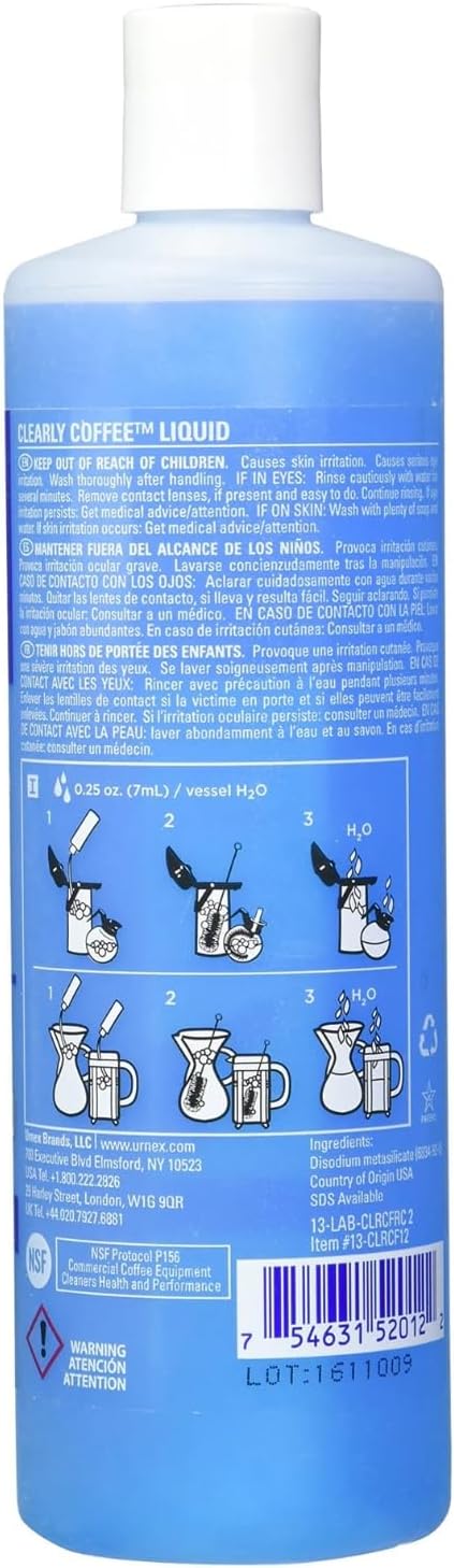 Urnex Clearly Coffee Pot Cleaner 14 Ounce (Made in the USA) French Press Liquid Cleaner for Glass Bowls Airpots Satellite Brewers and Thermal Servers Removes Coffee Oils