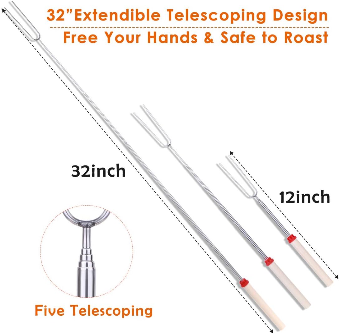 Marshmallow Roasting Sticks, Smores Sticks for Fire Pit with Wooden Handle, Stainless Steel Telescoping Roasting Sticks, 32 Inch Extendable BBQ Forks for Fire Pit, Campfire and Sausage BBQ Set of 8