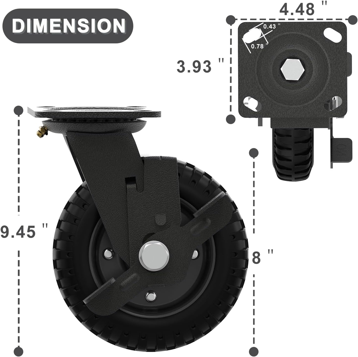 Heavy Duty Caster Wheel 8 Inch,Plate Caster Swivel 2 Pack 700lb Capacity,Solid Rubber,Cast Iron,Brake Casters for Flat Carts,Workbench,Dolly,Trolley