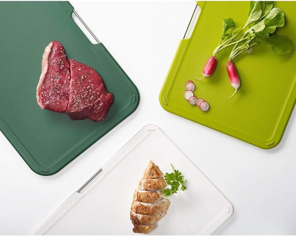 Joseph Joseph Plastic Cutting Board Set with Storage Stand 3 Different Sized Boards - Retail $49