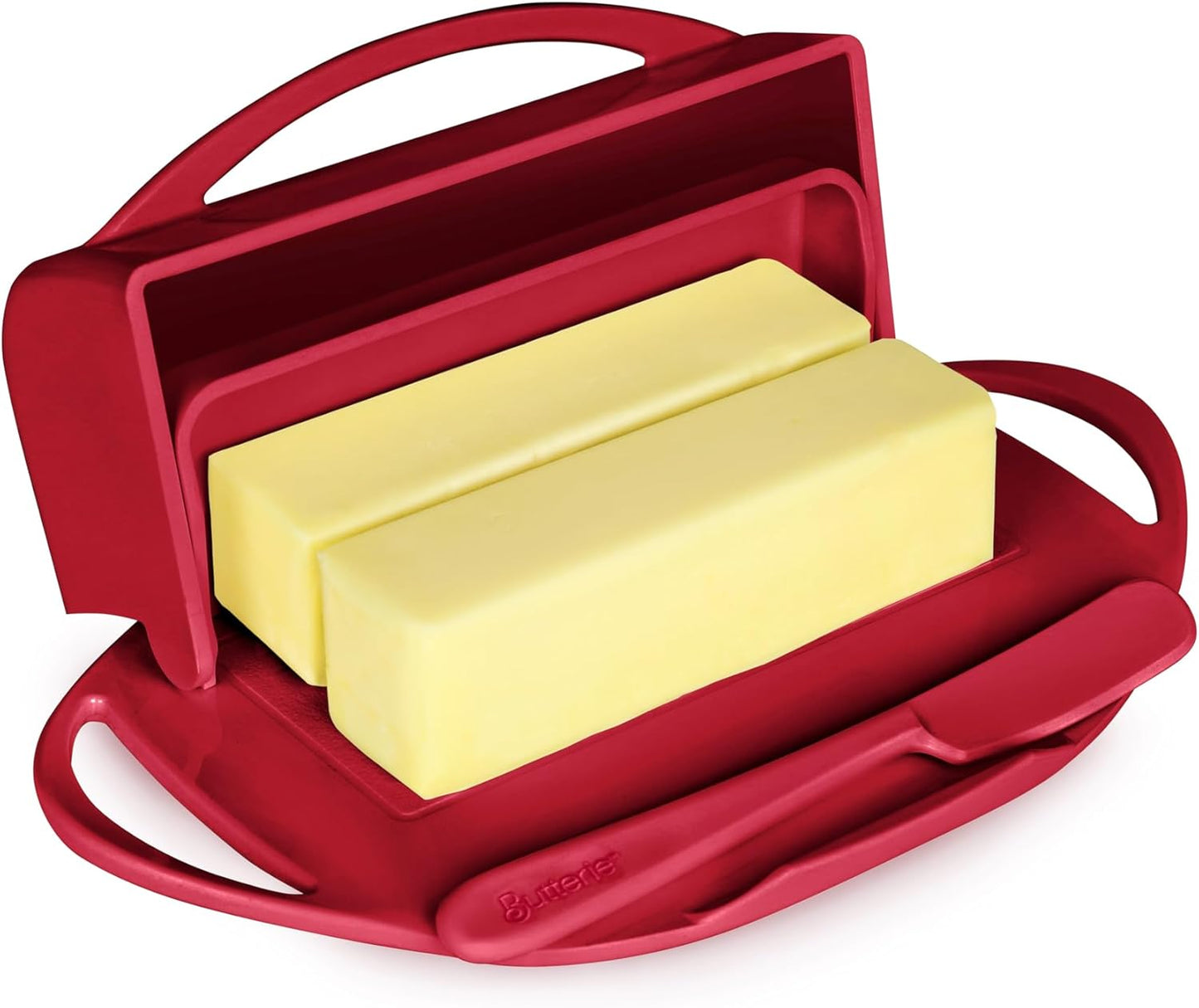 Butterie Flip-Top Butter Dish with Lid & Matching Knife, Holds 2 Sticks/European Butter, No-Mess Butter Holder, Shatterproof, Dishwasher Safe, Red - Retail $19