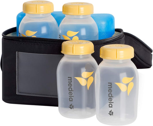 Medela Breast Milk Storage Cooler Bag with Contoured Ice Pack, 4 Bottles and Lids, Convenient Breastmilk Transport