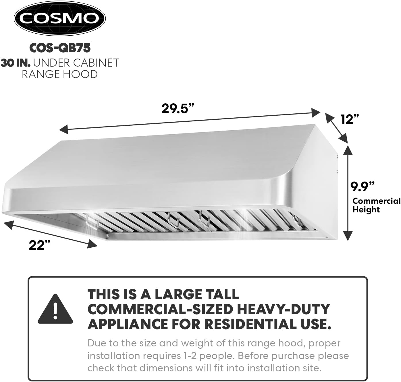COSMO COS-QB75 Under Cabinet 30 in. Range Hood with Push Button Controls, Permanent Filters, LED Lights, Convertible from Ducted to Ductless (Kit Not Included) in Stainless Steel (30 inch) - Retail $296