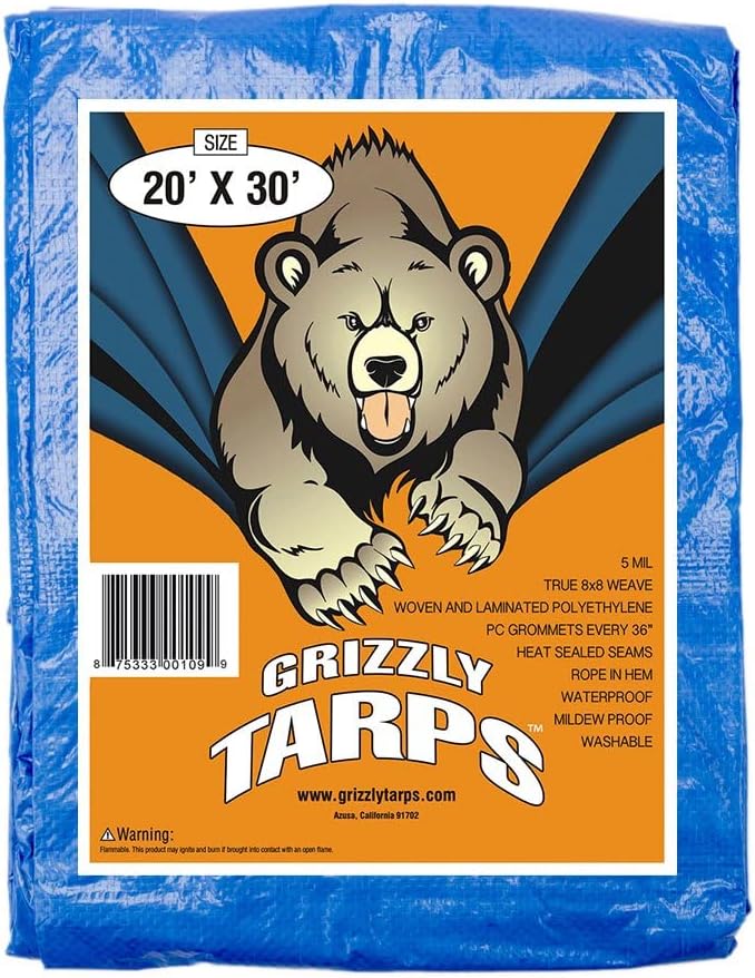 NEW - Grizzly Tarps by B-Air 20in x 30in Large Multi-Purpose Waterproof Heavy Duty Poly Tarp with Grommets Every 36in, 8x8 Weave, 5 Mil Thick, for Home, Boats, Cars, Camping, Protective Cover, Blue - Retail $49