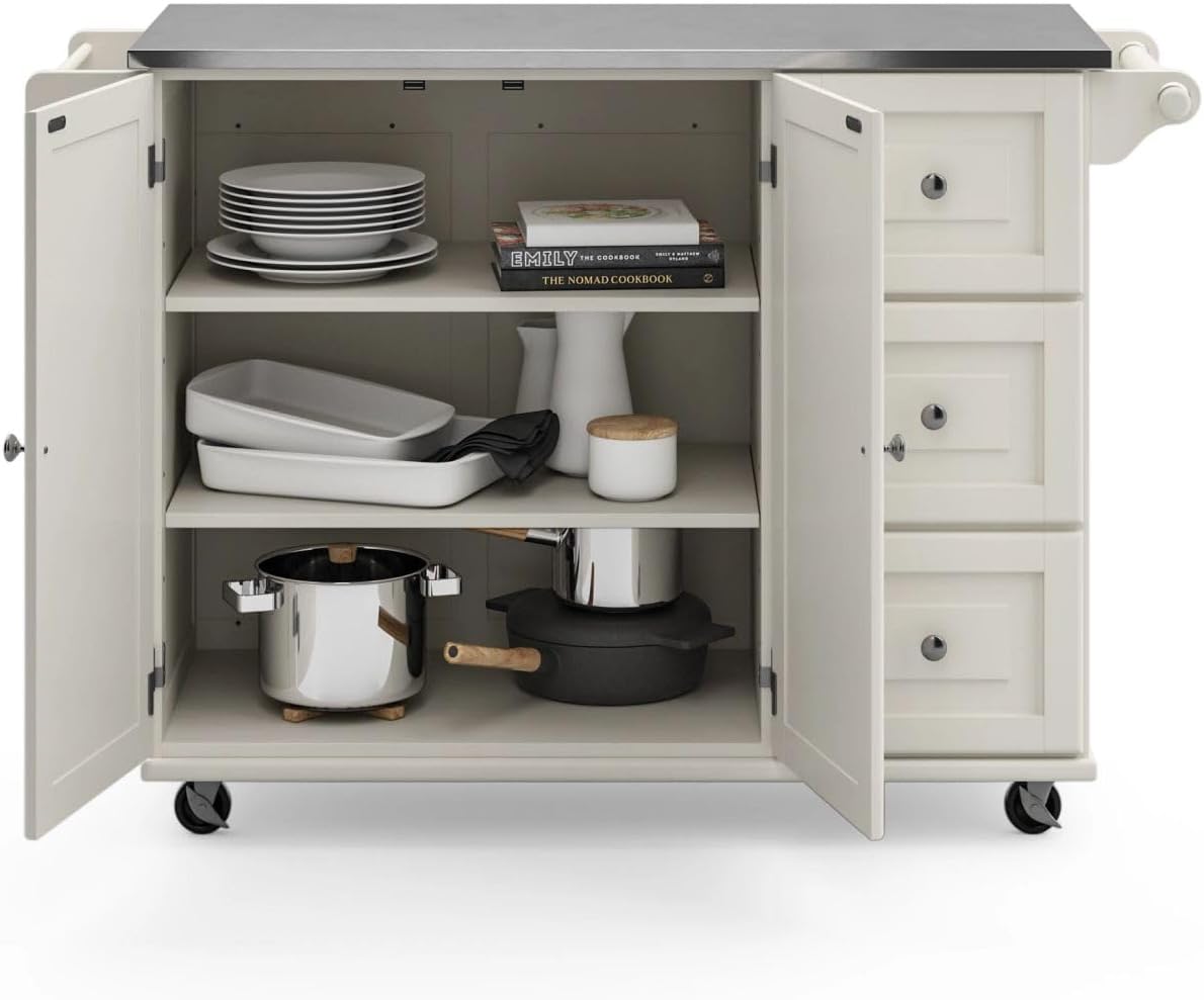 Homestyles Kitchen Cart with Stainless Steel Metal Top Rolling Mobile Kitchen Island with Storage and Towel Rack 54 Inch Width Off White - Retail $246