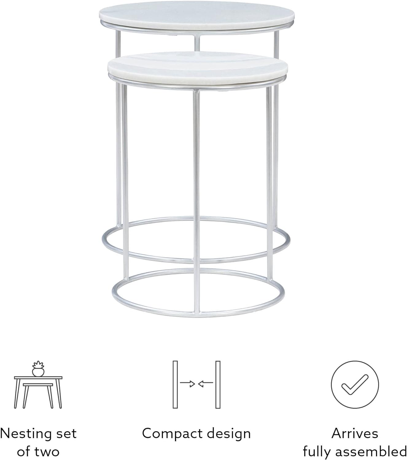 Powell Company Silver Base Round Nesting White Marble Top by Powell Gianna Table - Retail $127