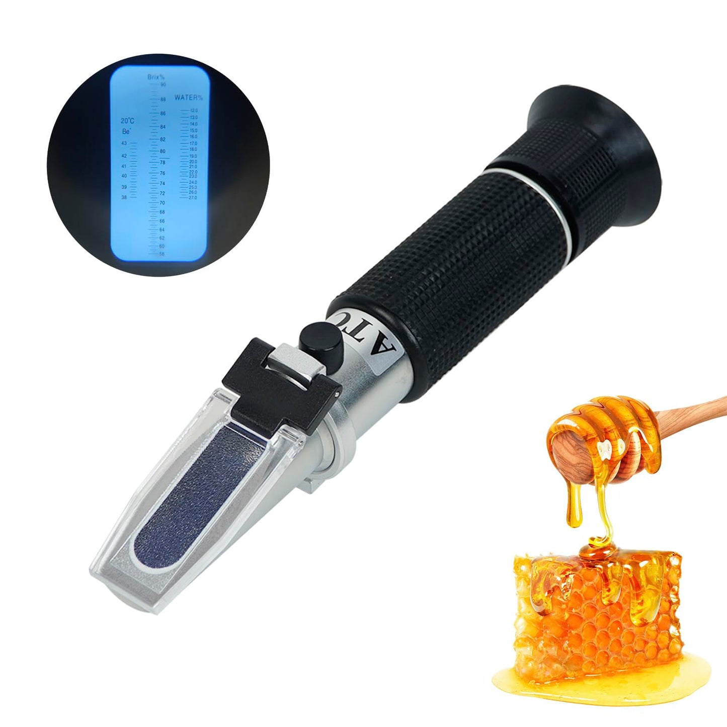 Honey Refractometer with ATC, Portable Refractometer for Honey Moisture,Triple Scale (Honey Moisture: 12-27%, Brix: 58-90%, Baume: 38-43°),Ideal for Honey, Molasses,Maple Syrup,Fruit jam