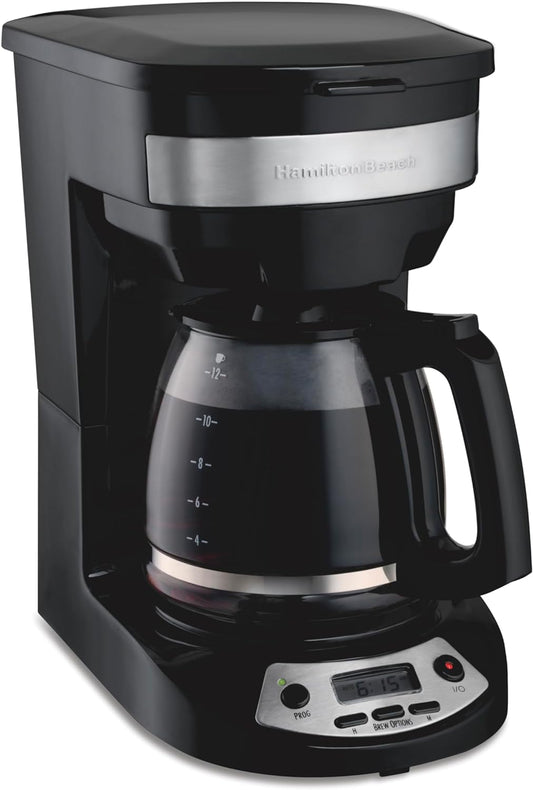 Hamilton Beach 12 Cup Programmable Drip Coffee Maker with 3 Brew Options, Glass Carafe, Auto Pause and Pour, Black with Stainless Accents (46299) - Retail $39