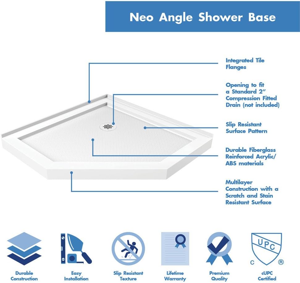 NEW - DreamLine SlimLine 42 in. D x 42 in. W x 2 3/4 in. H Corner Drain Neo-Angle Shower Base in White, DLT-2042420 - Retail $379