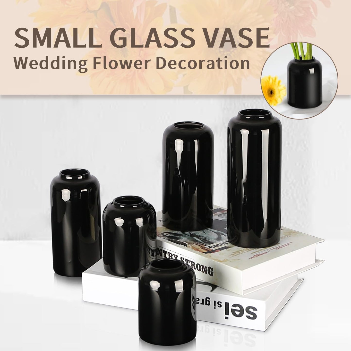 Black Small Flower Vase Set of 6, Glass Bud Vases in Bulk, Decor Centerpiece for Bathroom, Decorative Vases for House Warming, Valentines' Day, Mother's Day, Thanksgiving Day(6 Black)
