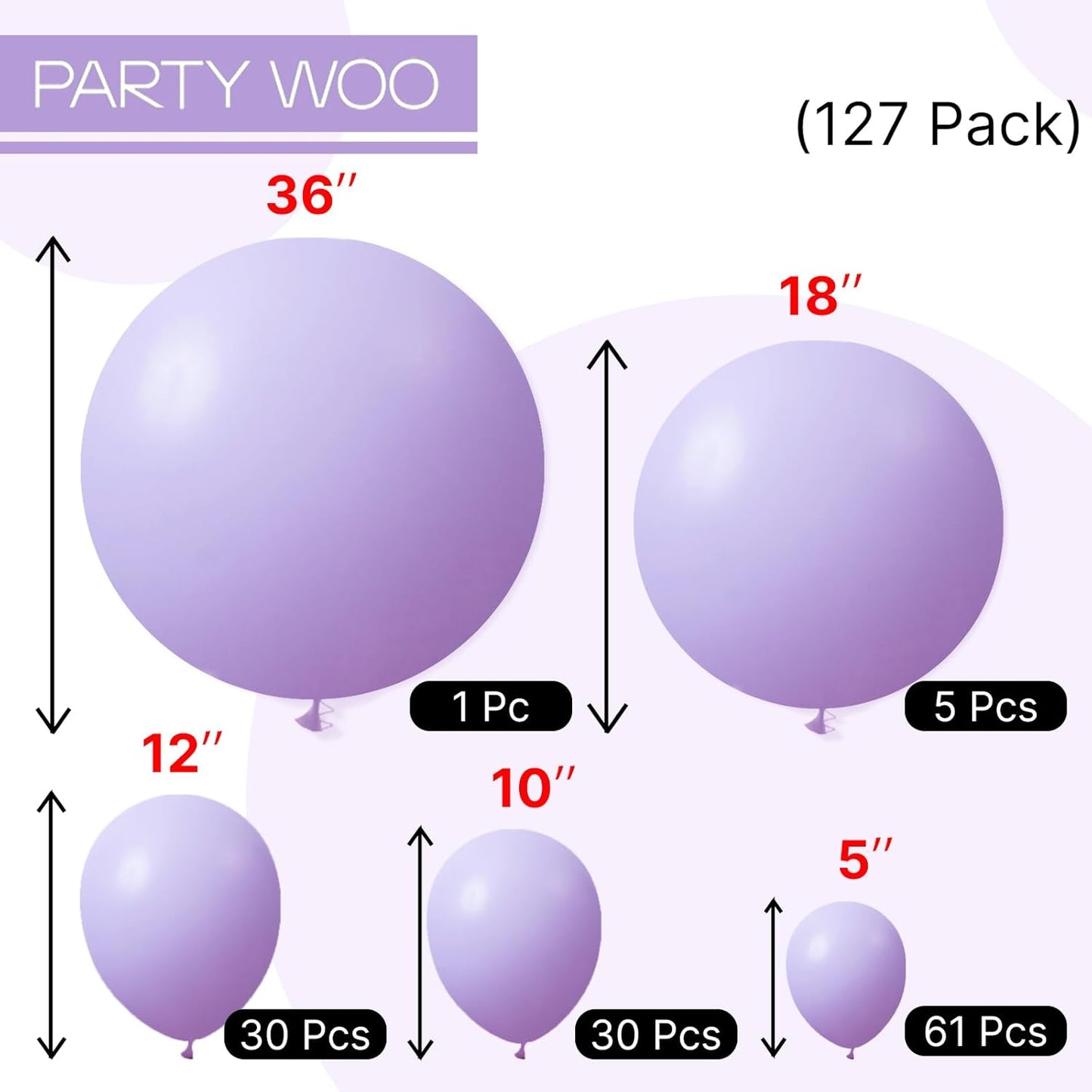 PartyWoo Pastel Purple Balloons 127 pcs Different Sizes Pack of 36 18 12 10 5 Inch Light Pastel Purple Lavender Lilac Balloon Arch Kit Garland for Baby Shower Birthday Party Decorations Purple-Q10