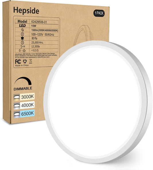 hepside 1Pack Dimmable Flush Mount Ceiling Light Fixture White, 3CCT Selectable 3000/4000/6500K Ceiling Lamp, 7.5INCH 15W 1500LM Low Profile Light for Bedroom, Kitchen, Bathroom, Hallway