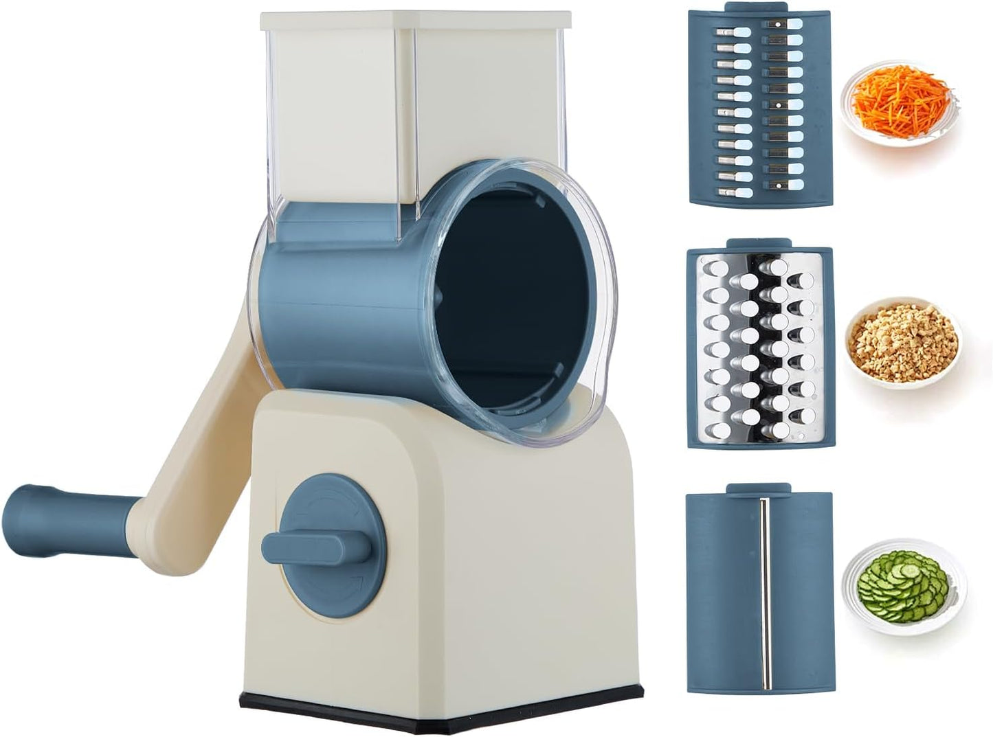 rotary cheese grater slicer with handle and suction base, stainless steel mandoline slicer with large barrel, vegetable potato slicer, nut grinder, carrot shredder, chopper, cutter